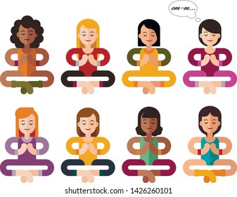Set of Lotus Yoga Icons. Vector Illustration Isolated on White Background. Different Race Girls in Lotus Asana. Decorative Logo Design for Classes, Studios, Schools and Retreat Centers