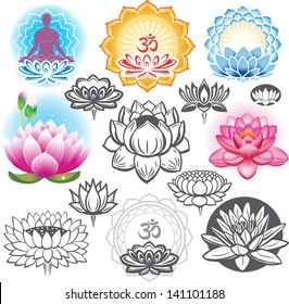 Set of lotuses and esoteric symbols