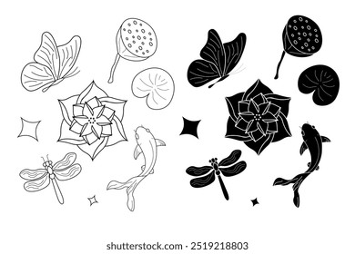 A set of lotuses with  leaves, a bud, seeds, kingfisher birds, butterfly, for making stylish compositions and a set of isolated object

