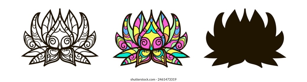 Set of lotuses in one line style, doodle and black silhouette. Mandala. Vintage decorative elements. Oriental ornaments. Islamic, Arabic, Indian, Moroccan, Chinese, mystical, mythical motifs.
