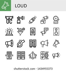 Set of loud icons such as Megaphone, Filter, Horn, Whistle, Alarm, Speaker, Loudspeaker, Speakers, Bell , loud