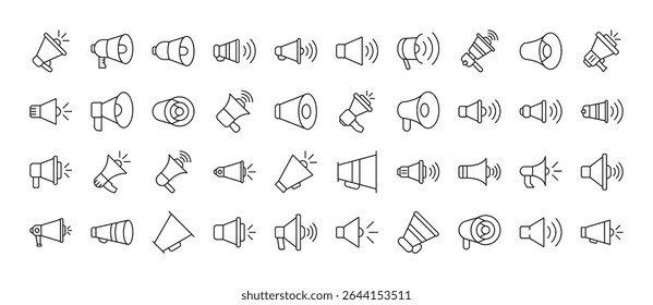 Conjunto de ícones de linha relacionados ao alto-falante. Outline Signs para Gráficos e Web Design, Apps, Anúncios, Vários Cartões 