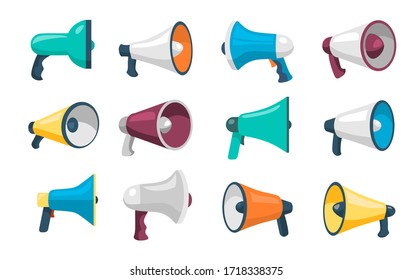 Conjunto de altavoces para la ilustración vectorial de habla pública. Brillantes megáfonos de colores de estilo plano. Símbolo de los medios sociales de noticias y promoción. Aislado en blanco