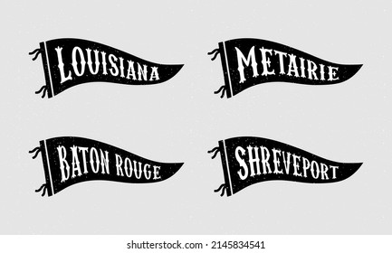 Set von Louisiana, Baton Rouge, Metairie, Shwarport-Kleinkindern. Retro-Farben-Etiketten. Vintage handgezeichnet Wanderlust Stil. Einzeln auf weißem Hintergrund. Gut für T-Shirt, Krug, andere Identität. 