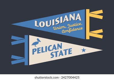 Set of Louisiana pennants. Vintage retro graphic flag, pennant, star, sign, symbols of USA. Pelican State.