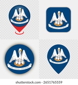 Set of Louisiana State Flag Icons and Map Pins.