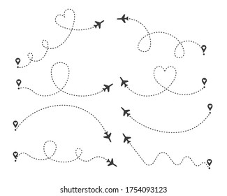 Set of love airplane routes. Air plane flight route with start point and dash line trace. Romantic travel, heart dashed path isolated on transparent background. Vector illustration.