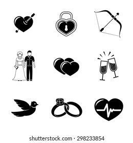Set of Love (Amour) icons with - heart with arrow, two hearts, cupid bow, couple, heart with pulse, heart locker, bird, rings, champagne. Vector
