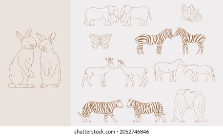 Set of love animal couples drawing in vector featuring rabbit, elephant, horse, penguin, reindeer, tiger, and zebra drawing.
