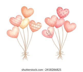 Set of love balloons valentine watercolor vector illustration