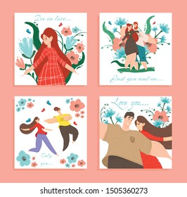 Set Love Banners or Greeting Cards. Happy Loving Couple Man and Woman Enjoying Romantic Relations Walking and Hugging among Colorful Flowers. Valentine Day Posters, Cartoon Flat Vector Illustration