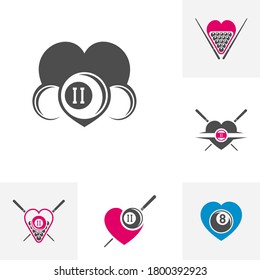 Set of Love Billiards logo design vector. Sport labels for poolroom. Billiards club logo template.
