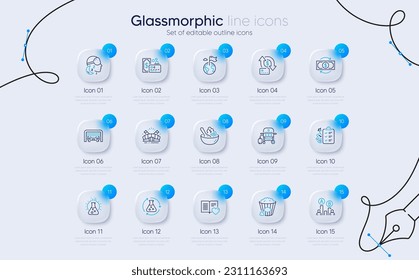 Set of Love book, Gas grill and Card line icons for web app. Ab testing, Money transfer, Destination flag icons. Insomnia, Sports arena, Chemistry lab signs. Parking garage. Vector