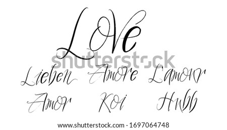 Set of love brush paint hand drawn lettering on white background. Lieben, Amore, L`amour, Amor, Koi, Hubb design templates for greeting cards, overlays, posters