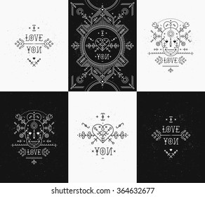 Set of Love card with line romantic and abstract elements. Vector lines, skull, heart, typography on black and white background with grunge texture. Hipster style