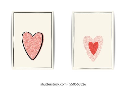 Set of love card templates. Red textured hearts with glitter sequins. Place for text. Design for Valentine banner or wedding invitation, labels, flyers, postcards. Vector EPS10 illustration.