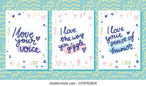 Set of love cards with cute ink style writing with doodles. I love your sense of humor. Hand drawn romantic illustrations in cartoon style