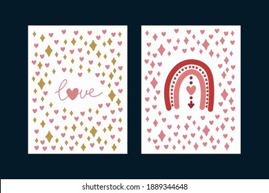 A set of love cards. Cute posters with pink elements and the inscription Love. Twinkling golden stars, Hearts, Rainbows, Lettering. Collection for Valentine's Day.