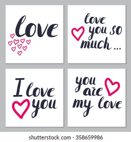 Set of love cards with hand brush lettering and hearts in dark blue and pink colors. Templates for wedding save the date invitation and Valentine's day. Modern creative calligraphic design