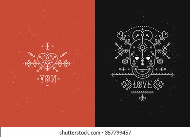 Set of Love cards with line romantic and abstract elements. Vector lines, skull, heart, font on black and red backgrounds with grunge texture. Hipster style