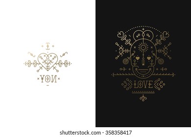 Set of Love cards with line romantic and gold elements. Vector lines, skull, heart, font on black and white backgrounds
