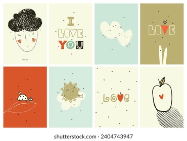 Set of love cards. Valentine's day greeting cards. 