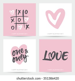 Set of love cards for Valentine's Day or wedding. Hand brush lettering and hand painted hearts. Modern calligraphic design.