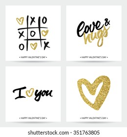 Set of love cards for Valentine's Day or wedding. Hand brush lettering and golden sparkling hearts. Modern calligraphic design.