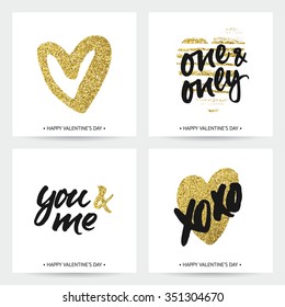 Set of love cards for wedding and Valentine's day. Hand brush lettering with ink and golden sparkling hand painted hearts. Modern calligraphic design.