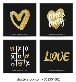 Set of love cards for wedding and Valentine's day. Hand brush lettering and golden sparkling hand painted hearts. Modern calligraphic design on dark background.