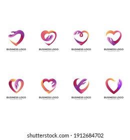 set love care logo, love and hand, combination logo with 3d colorful style