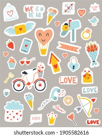 Set of love cartoon stickers with hearts. Hand drawn elements for Valentine's day or wedding. Cute doodle llustration with love letter, cloud, heart, arrows and hand written text. Decoration elements