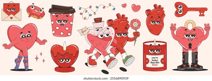 Set of love cartoon stickers for scrapbook, poster, invitation, daily planner, diary. Romantic design elements for Valentine's day. Retro groovy characters - heart, love potion, candle, donut, love le