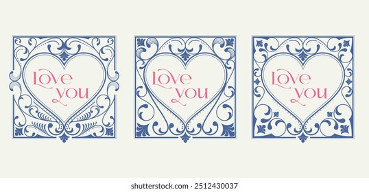 Conjunto de molduras de ornamento esculpidas de amor. Cartaz decorativo retrô com forma de amor ornamet. Elemento de design para convite ou capa do livro. Coleção de ilustrações isoladas de vetor no plano de fundo