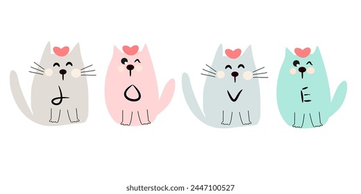Set with love cats for, wrapping paper, posters. Illustration on white background