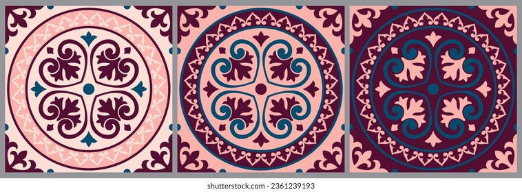 Set love colors mandala tiles and floors. Patchwork for wallpaper. Traditional Portuguese mosaic design. Spanish majolica tile pattern. Vector illustration. Geoetric florals