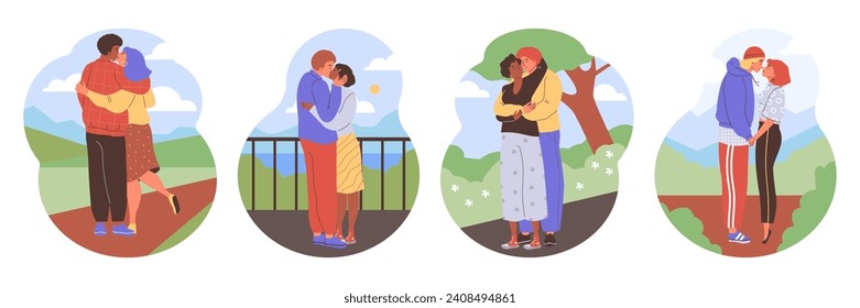 Set of love couples kissing, hugging and cuddling outdoors. Diverse men and women in romantic relationship spend time together. Hand drawn vector illustrations collection on nature background.