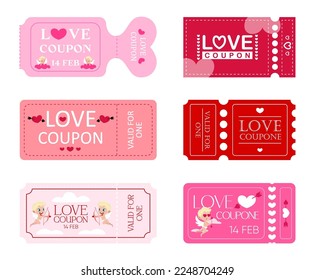 Set of love coupons in cartoon style. Vector illustration of a set of different cute coupons with hearts and cupids for Valentine day promotions isolated on white background.