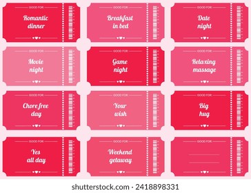 set of love coupons, ticket template, gift ideas for boyfriend and girlfriend, wife and husband, admit one, st valentines day, anniversary