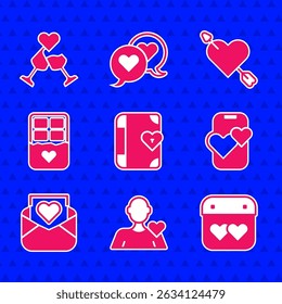 Definir Diário de amor, Homem romântico, Calendário com coração, Namoro app online móvel, Envelope Valentine, Barra de chocolate, Amour e seta e vidro de champanhe ícone. Vetor