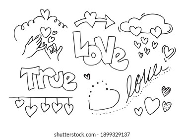 Set of love doodle, hand drawn icons with true love text for valentines day design concept
