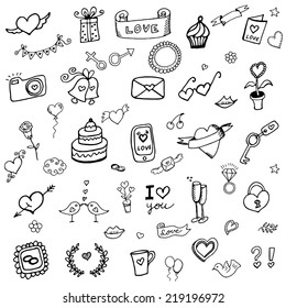 Set of love doodle icon set isolated on white, hand drawn vector illustration 