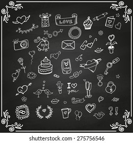 Set of love doodle icon set isolated on white, hand drawn vector illustration on chalkboard.