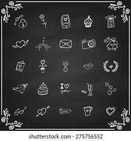 Set of love doodle icons on chalkboard, hand drawn vector illustration