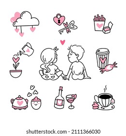 Set of love doodles with couples best matches for St. Valentine's Day with padlock and key, french fries and sauce, watering can and flower, sweeties and coffee.