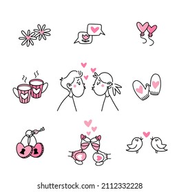 Set of love doodles with couples for St. Valentine's Day with love photos, messages, heart-shaped balloons, cups of coffee, padlocks, champagne and singing birds.