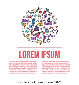 Set of love doodles icons isolated on white, hand drawn vector. Circle doodles elements  design.