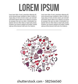 Set of love doodles icons isolated on white, hand drawn vector. Circle doodles elements  design.