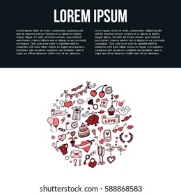 Set of love doodles icons isolated on white, hand drawn vector. Circle doodles elements  design. Vector illustration with place for your text. 