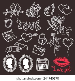 set of love elements on a blackboard in sketch style for Valentin's day, key, Cupid, heart with arrow, rose, doves, letter, wedding ring